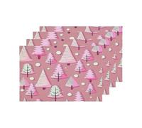 Christmas Trees Placemats, Pink Forest with White Snowflakes Table Mat Linen Burlap Washable Double-Deck Heat Insulation for Dining Table Ki
