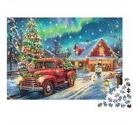 Christmas Truck Scene 100% Recycled Cardboard Red Truck Aurora Cabin 1000 Piece Adult Jigsaws Beautiful Decoration Puzzle 38x26cm/1000pcs