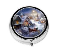 Christmas Village. Este pequeño pastillero redondo impreso es un organizador portátil de pastillas y vitaminas perfecto para bolsillos, bolsos y viajes.