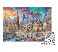 Christmas Village Rompecabezas Premium de cartón Trineo de Papá Noel sobre Pueblo navideño, Entretenimiento contra el aburrimiento y decoración del hogar 52x38cm/1000 Piezas