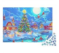 Christmas Village Scene 100% Recycled Cardboard Santa Over Tree Town 1000 Piece Jigsaw Puzzles Adults and Children Beautiful Decoration 52x38cm/1000pcs