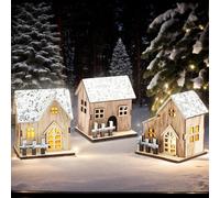 Christmas Village Sets 3 Piezas de Madera con luz LED, Escena de Pueblo navideño, Funciona con Pilas, Mini Decoraciones de casa para Mesa, Ventana, Dormitorio, decoración navideña