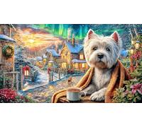 Christmas-Village-with-Dog-and-Northern-Lights Puzzle Familiar 1000 Piezas Desafiante y Divertido Papel Reciclado para Adultos 38x52/1000pcs