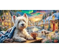 Christmas-Village-with-Dog-and-Northern-Lights Puzzle para Adultos 1000 Piezas Juego Educativo relajación Papel Reciclado Actividad en casa Regalo 70x50/1000pcs