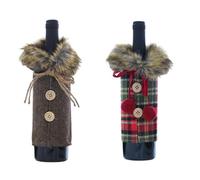 Christmas Wine Covers 2 Pieces of Linen Plaid Red Wine Set Christmas Table Wine Bottle Ornament Bow Fur Collar Red Wine Bottle Set Coffee Color Red