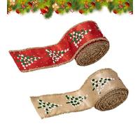 Christmas Wired Ribbon - 2 Rolls Ribbons, Christmas Printed Green Onion Pink Small Tree Edging Ribbon, Burlap Sparkly Wired Edge | Crafts Wrapping Wreath Fabric Ribbons For Party Stairs Window Garden