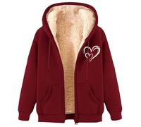 Christmas Women's Fleece Lined Zip up Hoodie, Thickened Fleece Hooded Jacket, Keep Warm in Autumn and Winter (Wine Red,L)