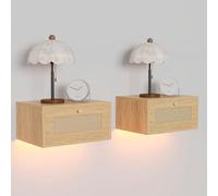 ChromaCasa Mesitas de Noche Flotantes Pack 2 con LED RGB, Mesitas de Noche Colgantes con CajóN, Mueble Estrecho Que Ahorra Espacio para Dormitorio y SalóN(Acabado Madera, 40X30X20cm)