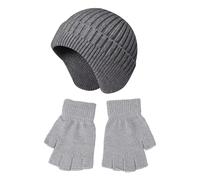 CHROMACRAFT 1 gorro de punto con 1 guante de medio dedo, gorro de protección auditiva caliente, gorro de casco portátil, gorro cálido para deportes al aire libre (negro), gris, Talla única