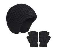 CHROMACRAFT 1 gorro de punto con 1 guante de medio dedo, gorro de protección auditiva caliente, gorro de casco portátil, gorro cálido para deportes al aire libre (negro), Negro , Talla única