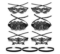 CHROMACRAFT 6 Antifaz De Encaje Y 3 Piezas De Collar Negro, Antifaz Sexy, Antifaz para Mujer, Antifaz De Mascarada, Accesorios De Disfraces De Fiesta