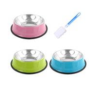 CHROMACRAFT Cuencos para Mascotas De Acero Inoxidable De 3 Piezas Y Cepillo De Limpieza De 1 Pieza, Suministros para Mascotas, Cuencos Antideslizantes para Mascotas