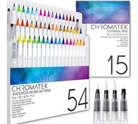 CHROMATEK 54 rotuladores de acuarela, bloc de 15 páginas y serie de vídeos tutoriales en línea Pinceles reales. 4 pinceles para mezclar. Fácilmente mezclable. Vivo. Suave. 50 colores únicos
