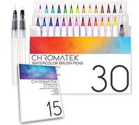 CHROMATEK Juego de 30 bolígrafos de Acuarela con 15 páginas y Video Tutorial en línea, Punta de Pincel Real. Vivo. Suave. Mezclable. Calidad Profesional. 27 Colores, 3 bolígrafos Aguamarina