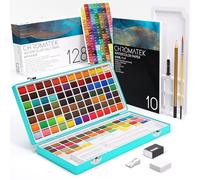 CHROMATEK Juego de pintura de acuarela, 128 colores vivos en caja portátil, con almohadilla, pinceles y todo lo que necesitas para empezar a pintar, kit de viaje