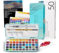 CHROMATEK Juego de pintura de acuarela, 50 colores vivos, incluyendo transparente, opaco y pastel, kit de arte con pincel, bolígrafo de agua, paleta, tabla de colores, hojas de muestra, almohadilla y