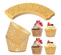 Chstarina 50 Piezas Envoltorios para Cupcakes de Encaje, Filigrana Papel para Magdalenas, Envoltorios Decorativos para Magdalenas para Bodas, Cumpleaños, Fiestas, Navidad Decoraciones (Oro)