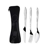 CHTKAGV Juego de cubiertos acero inoxidable con estampado portátil, vajilla viaje cuchillo, tenedor y cuchara for acampar, cena familiar carne(3pcs set black)