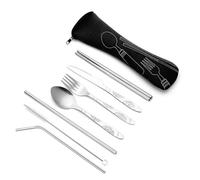 CHTKAGV Juego de cubiertos acero inoxidable con estampado portátil, vajilla viaje cuchillo, tenedor y cuchara for acampar, cena familiar carne(7pcs set black)