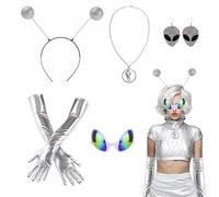 CHUANFU 5 Piezas Disfraz de Alien Mujer, Disfraz Alien Espacial mit Diadema Gafas Guantes Pendientes Collar, Alienígena Disfraces para Adulto para Cosplay Celebración Carnaval Halloween, Plata