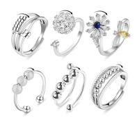 CHUANFU 6 Piezas Anillo Antiestres Mujer, Anillos Antiestres Giratorios Ajustables, Fidget Spinner con Cuentas para Aliviar Estrés con Bolsa Almacenamiento Regalos para Mujere Niñas Hombre, Plateado