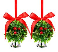 Chuangdi 2 Bolas Colgantes de Muérdago de Navidad Bolas de Muérdago Artificiales de Vacaciones Decoraciones de Besos de Navidad con Nudo de Lazo Campana para Decoración Navideña, 5 Pulgadas