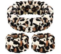 Chuangdi 3 Piezas Set de Diadema de Spa Muñequeras de Lavado Elásticas Diadema de Maquillaje Facial Banda de Muñeca Suave Cinta de Cabeza Esponjosa de Mujer (Blanco, Negro, Estampado Vaca)