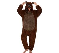 chuangminghangqi Pijama de una pieza para mujer, largo de invierno, disfraz de animal, disfraz de adulto, mono para mujer, pijama de forro polar, con capucha y cremallera, Oso Marrón-7126, S