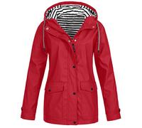 Chubasquero para mujer, impermeable, transpirable, cortavientos, de entretiempo, forrado con capucha a rayas, transpirable, resistente a desgarros, primavera, otoño, parka ligera con cremallera, rojo,