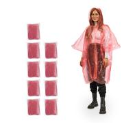 Relaxdays Set de 10 Chubasqueros, Capa Lluvia Capucha, Poncho Impermeable Desechable, Hombre y Mujer, PE, Rojo