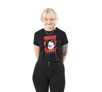 Chucky Camiseta gráfica negra para mujer | Camiseta corta de manga corta | Estampado de muñeca de película de terror | Camiseta corta espeluznante para mujer | Mercancía clásica de culto | Camisa de
