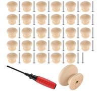 CHUENHEI 30 pomos redondos de madera de 35 mm, pomos redondos de cajones de madera, pomos de armario con tornillos y mini destornilladores, pomos de puerta de madera para cómoda