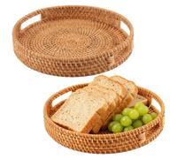 CHUIFAI 2 bandejas redondas de madera de ratán, 25 cm, bandeja redonda de ratán, cesta trenzada, bandeja decorativa con asas, bandeja redonda de madera para pan, panecillos, frutas y pasteles