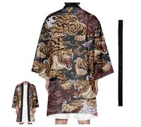 CHUIKUAJ Cárdigan Tipo Kimono Japonés para Hombre, Bata de Baño Larga y Ligera de Verano con Estampado de Tigre, Bata Tipo Kimono Informal Abierta al Frente con Cinturón,Brown-6XL