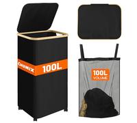 Chumix Cesto Ropa Sucia con Tapa, 100L Cesta Ropa Sucia con Ruedas, Cubo Ropa Sucia Plegables con Mango de Bambú, Bolsa Interior Extraíble y Lavable, para Baño, Dormitorio, Lavadero, Nero