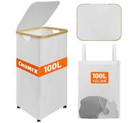 Chumix Cesto Ropa Sucia con Tapa, 100LCesta Ropa Sucia con Ruedas, Cubo Ropa Sucia Plegables con Mango de Bambú, Bolsa Interior Extraíble y Lavable, para Baño, Dormitorio, Lavadero, Beige
