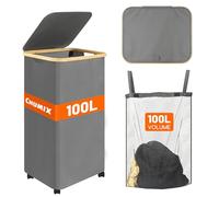 Chumix Cesto Ropa Sucia con Tapa, 100LCesta Ropa Sucia con Ruedas, Cubo Ropa Sucia Plegables con Mango de Bambú, Bolsa Interior Extraíble y Lavable, para Baño, Dormitorio, Lavadero, Gris