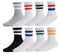 CHUNG Calcetines deportivos básicos de algodón para niños pequeños y niñas, con rayas retro, 8 pares, uniforme escolar de otoño, casual, deportes, correr, 8 pares de rayas surtidas, 8-10 años