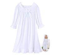 CHUNG Camisón vintage victoriano para niñas pequeñas, de modal, manga larga, encaje, cuello cuadrado, camisón de princesa, Blanco (cuello cuadrado), 9-10 Years