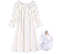 CHUNG Camisón vintage victoriano para niñas pequeñas, de modal, manga larga, encaje, cuello cuadrado, camisón de princesa, Crema (cuello redondo), 5-6 Years