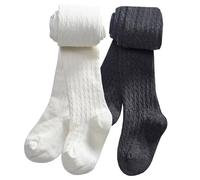 CHUNG Medias de algodón para niñas pequeñas, gruesas, de punto trenzado, para invierno, medias medias, Paquete de 2, carbón y blanco, 5-6 años