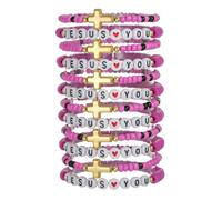 ChungLong0593 Jesus Loves You - Juego de 4 pulseras elásticas de cuentas de arcilla coloridas, regalos religiosos de fe cristiana para bautizo de iglesia y cumpleaños, One Size, Madera, Sin piedra