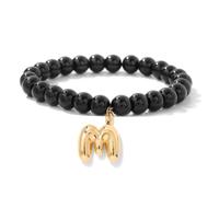 ChungLong0593 Pulsera personalizada con letra inicial para mujer, pulsera elástica de cuentas negras con dije del alfabeto chapado en oro, regalo de joyería personalizado de 26 letras para ella, Medio