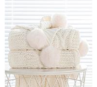 Chunky Knit Blanket with pom poms- Thick, Soft, Big, Cozy Throw Blankets for Couch, Bed, Sofa, Chair-5060 Inches,White