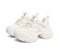 Chunky Platform Sneakers for Women - Fashionable and Versatile Casual Sports Shoes with Thick Soles, Height Boost, and Lace-up Design,White-36
