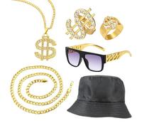 CHUNLINLAODA 6 PCS Disfraces Hip Hop Kit Disfraz Rapero Disfraz de Rapero de Los 80 Estilo Hip Hop Punk Cadena Dorada uego de anillos Gafas de Sol Gorro de Pescador Decoración Accesorios (Dorado)