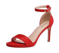 CHUNNUAN Sandalias de tacón alto para mujer, hebilla de tobillo de aguja, sandalias de plataforma de aguja para boda, fiesta, zapatos de verano para mujer, gamuza roja, 10