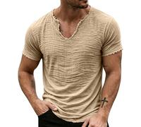 CHUNOTU - Camiseta de algodón y lino para hombre, cuello en V, manga corta, talla grande, A01-beige, L