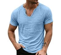 CHUNOTU - Camiseta de algodón y lino para hombre, cuello en V, manga corta, talla grande, A02-azul cielo, 5XL