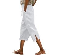CHUNOTU - Pantalones cortos de lino para mujer, con cordón en la cintura, pantalones cortos con abertura en la pierna, ligeros, para verano, playa, descanso, yoga, capris, blanco, S